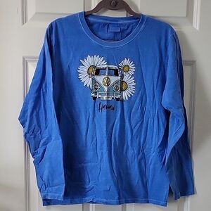 Crazy Shirts Hawaii Blue Long Sleeve Womens Tee with Floral Van Design Sz M